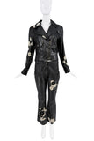John Galliano Black Leather Floral Lace Embroidered Pants