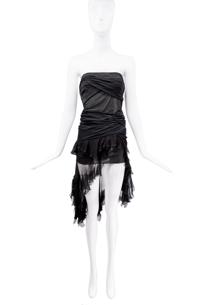 Christian Dior x Galliano Black Sheer Ruffle Strapless Asymmetric Dress Runway SS2004