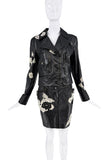 John Galliano Black Leather Embroidered Lace Flowers Moto Jacket