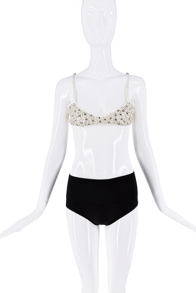 Ilkyaz Ozel White Pearl Crystal Charm Embellished Bra Top