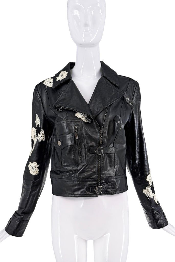John Galliano Black Leather Embroidered Lace Flowers Moto Jacket