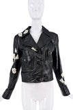 John Galliano Black Leather Embroidered Lace Flowers Moto Jacket