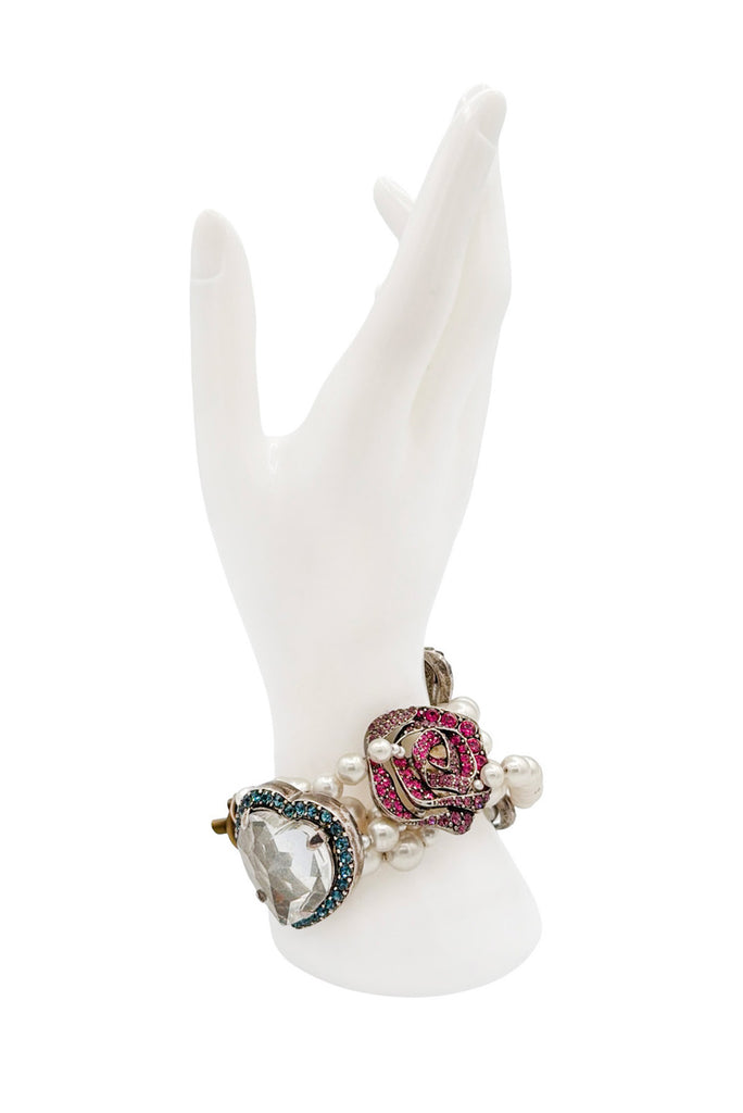 Lanvin Crystal Pearl Blue Pink Gemstone Heart Rose Bow Charm Bracelet