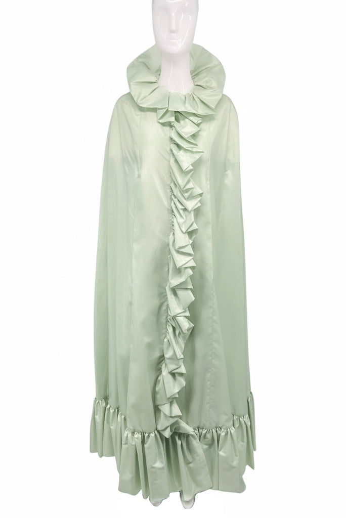 Valentino Style Vintage Donald Brooks Pastel Green Floors Length Opera Cape with Ruffle Trim