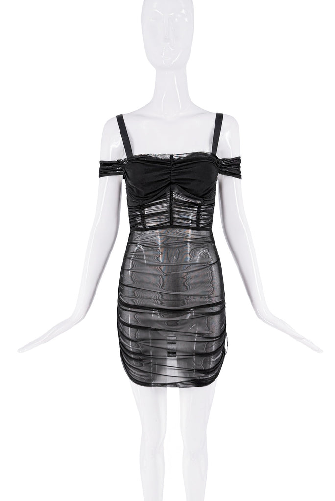 Danielle Guizio Black Sheer Mesh Ruched Corset Dress