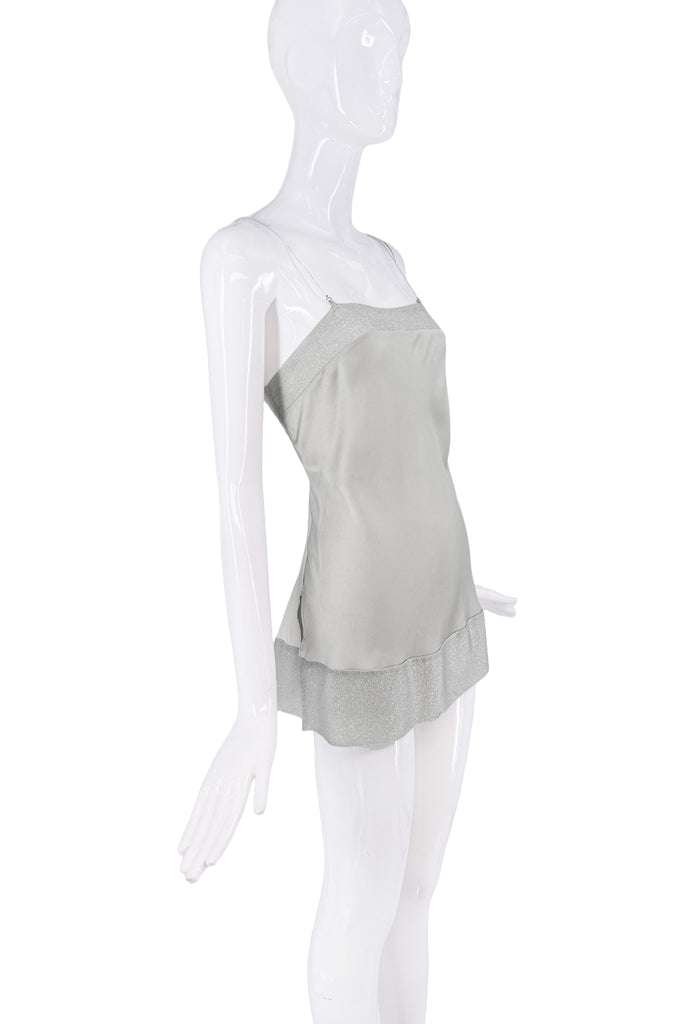 Rochas Paris Silver Silk Lurex Slit Beaded Straps Micro Mini Slip Dress