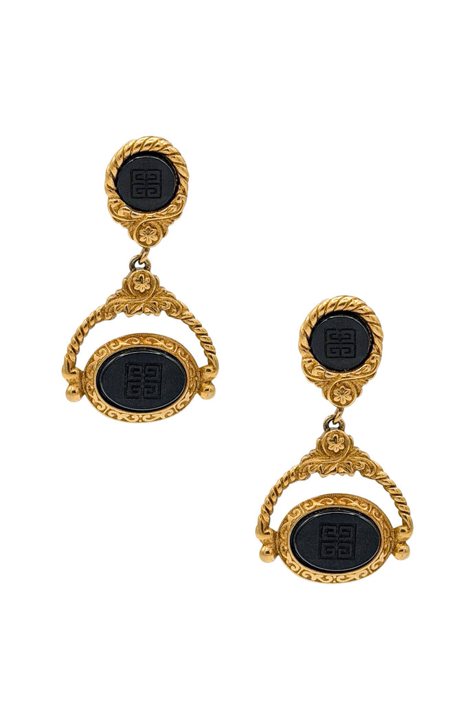 Givenchy Gold Black Enamel Logo Embellished Drop Earrings