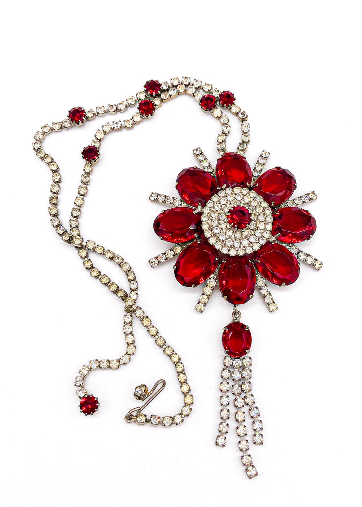 Vintage Ruby Red and Crystal Floral Fringe Pendant Necklace