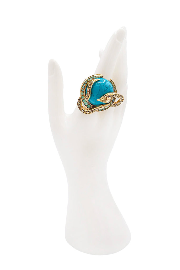 Roberto Cavalli Gold Blue Crystal Semi Precious Stone Snake Globe Ring