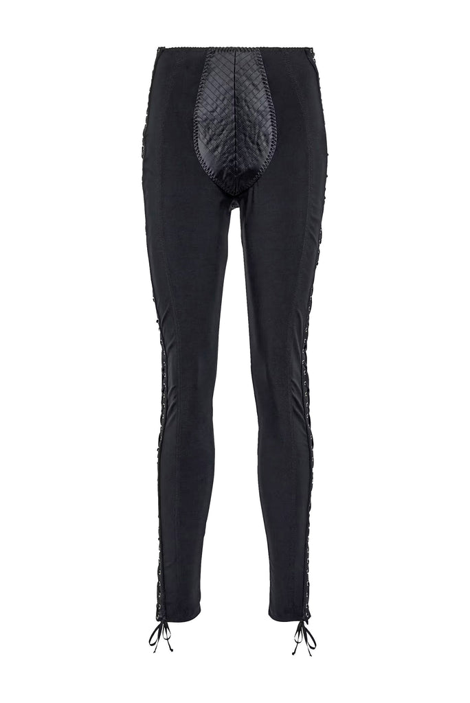 Jean Paul Gaultier Black Satin Patch Lace Up Legging Pants