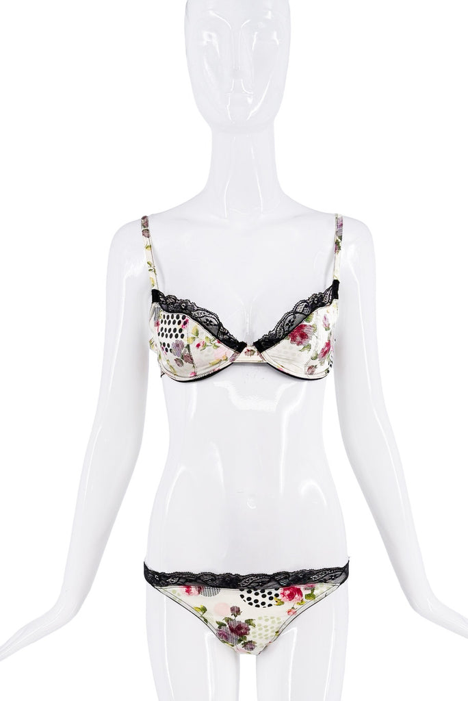Christian Dior x Galliano White Pink Green Silk Floral Dotted Print Bra Underwear Lingerie Set SS2004