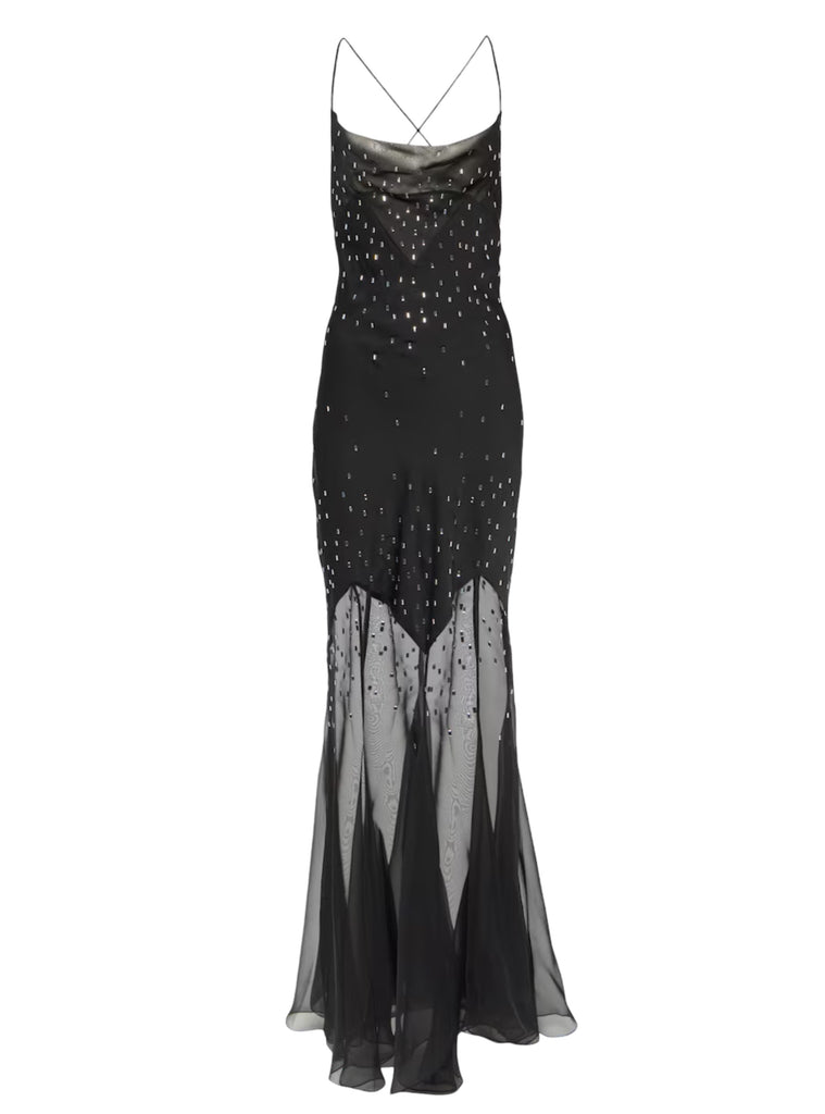 Rabanne Black Crystal Embellished Chiffon Sheer Gown