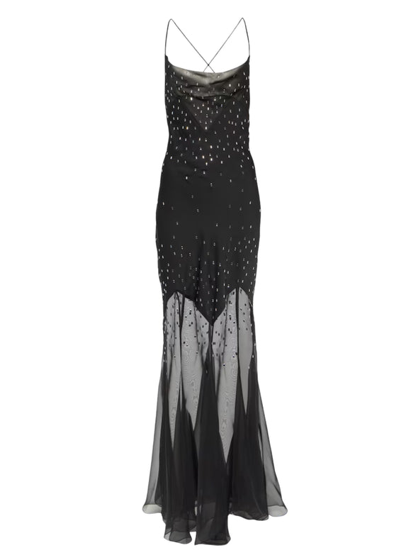 Rabanne Black Crystal Embellished Chiffon Sheer Gown