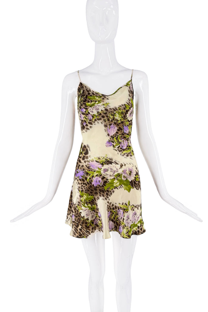 Roberto Cavalli Silk Creme Brown Green Purple Leopard Floral Graphic Print Slip Dress