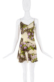 Roberto Cavalli Silk Creme Brown Green Purple Leopard Floral Graphic Print Slip Dress