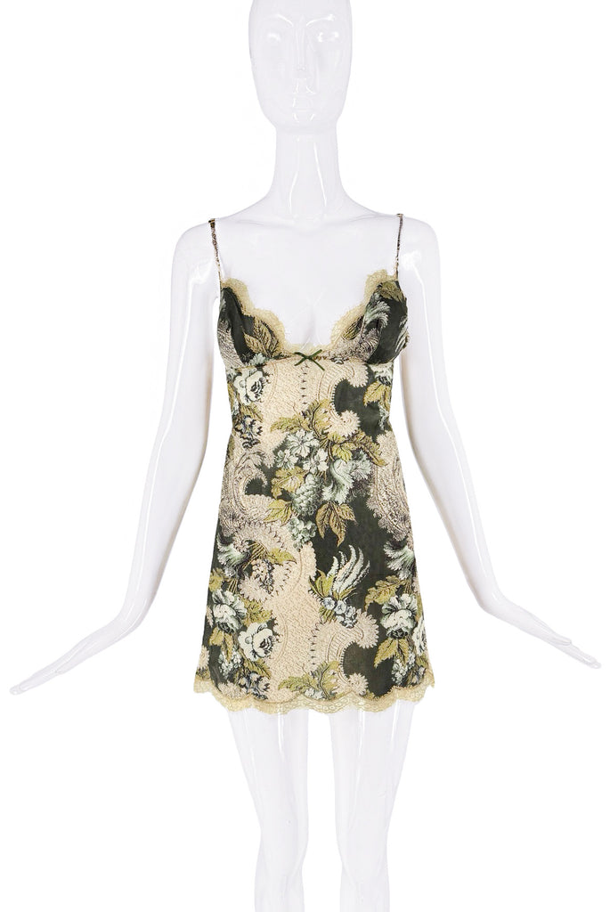 Roberto Cavalli Beige Green Black Multicolor Lace Floral Print Bow Slip Dress