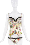 Christian Dior x Galliano White Green Pink Silk Floral Dotted Graphic Print Bustier Top SS2004