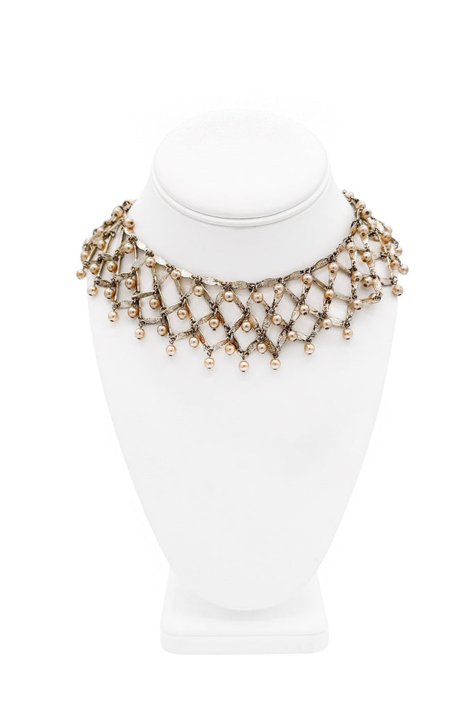 Christian Dior x Galliano Silver Textured Lattice Pearl Charm Bib Collar Necklace 1998