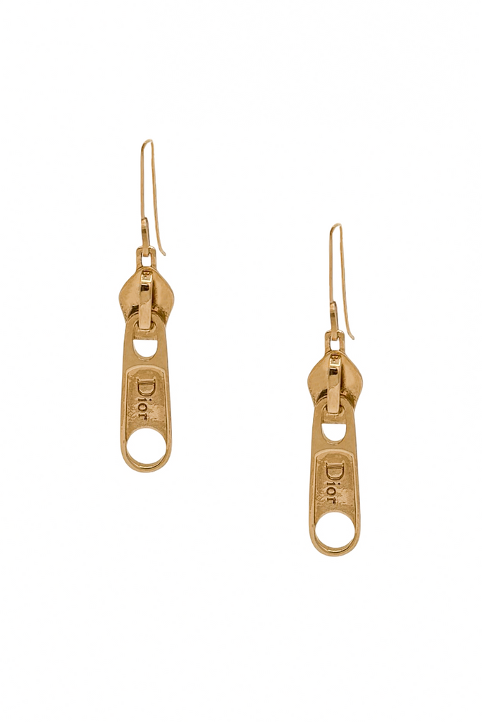 Christian Dior x Galliano Gold Zipper Logo Drop Earrings