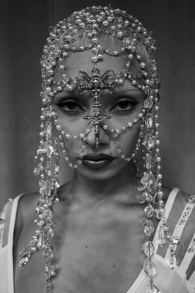 Aniye Records Silver Pearl Rhinestones Rosary Crown Headpiece