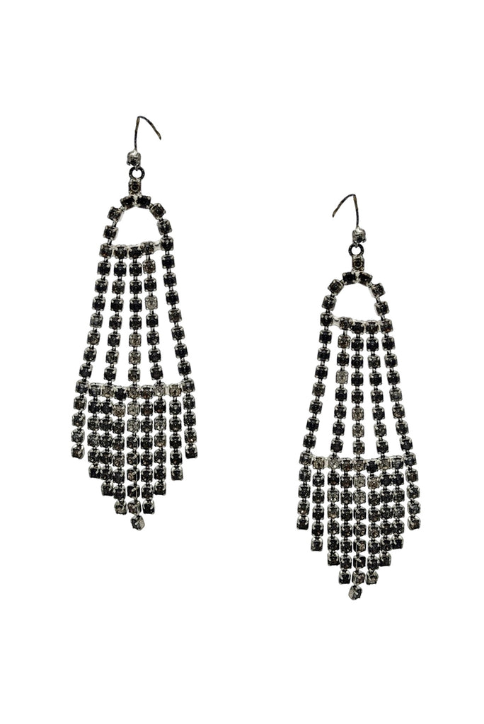 Vintage Silver Black Pavé Crystal Fringe Chandelier Earrings