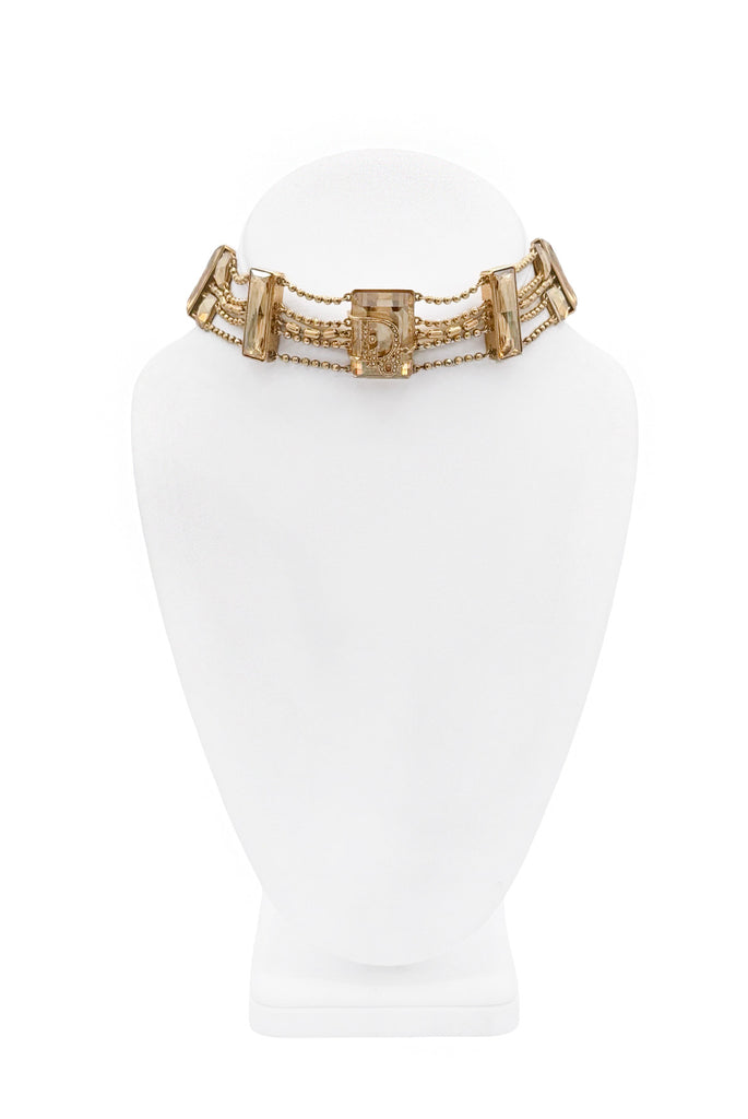 Christian Dior x Galliano Gold Crystal Rhinestone Logo Multi Chain Choker Necklace