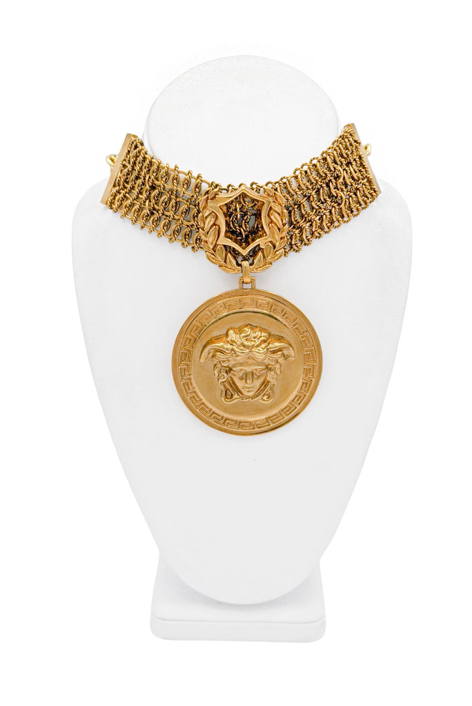 Versace Gold XL Medallion Medusa Logo Chain Mesh Collar Choker Necklace