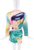 Roberto Cavalli Blue Gold Pink Liz Taylor Eye Graphic Print Wrap Tie Mini Skirt SS2001