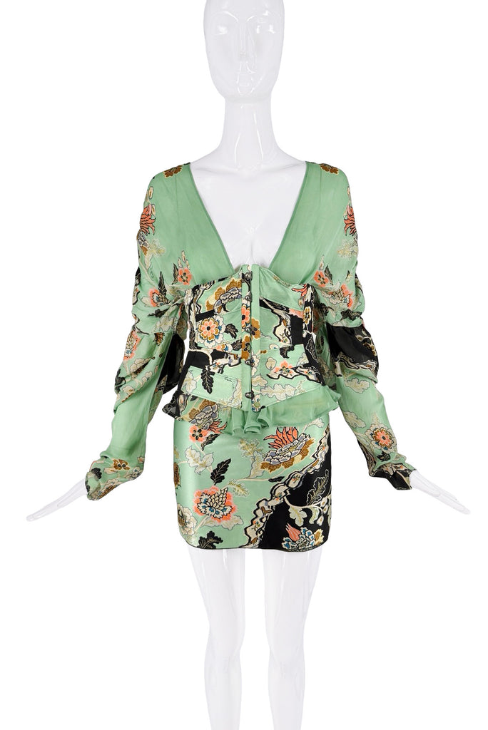 Roberto Cavalli Silk Green Pink Black Multicolor Floral Print Dress Set
