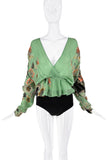 Roberto Cavalli Silk Green Pink Black Multicolor Floral Print Dress Set