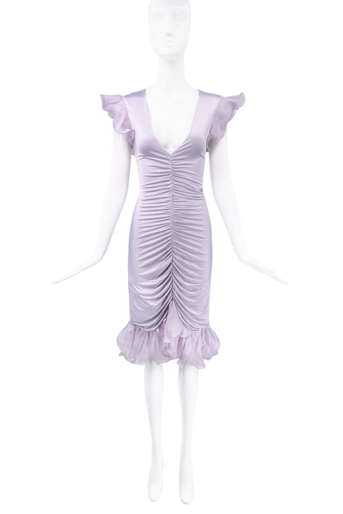 Roberto Cavalli Purple Lavender Silk Ruched Frill Midi Dress