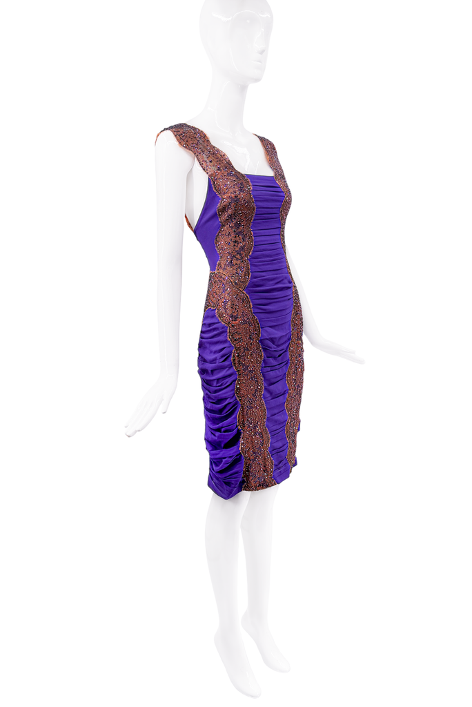 Dolce & Gabbana Purple Ruche Red Beaded Lace Dress