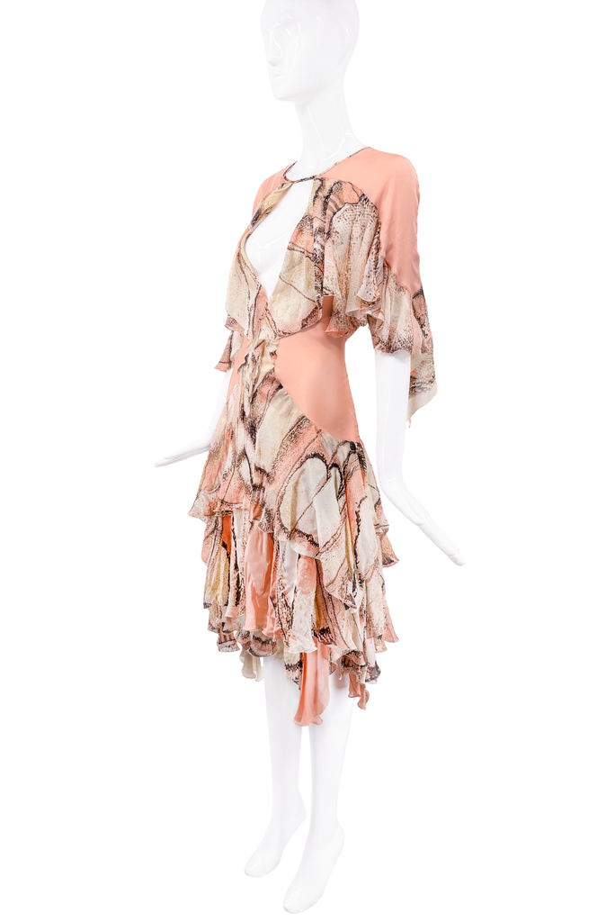 Roberto Cavalli Pink Sheer Chiffon Ruffle Print Cut Out Draped Dress Runway SS2004