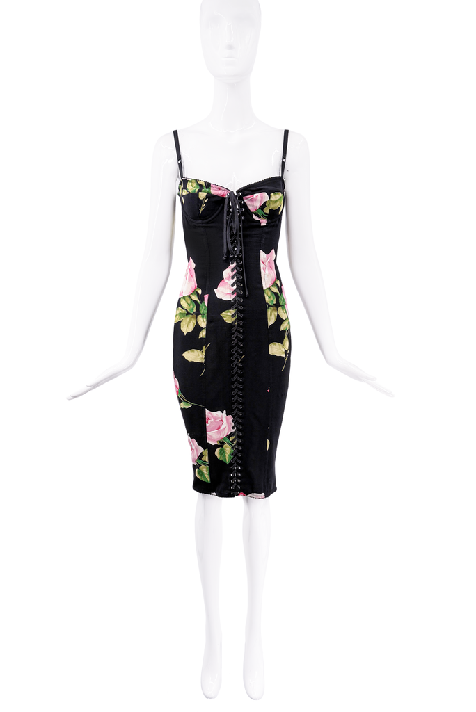 Dolce & Gabbana Black Floral Print Lace Up Bodycon Dress