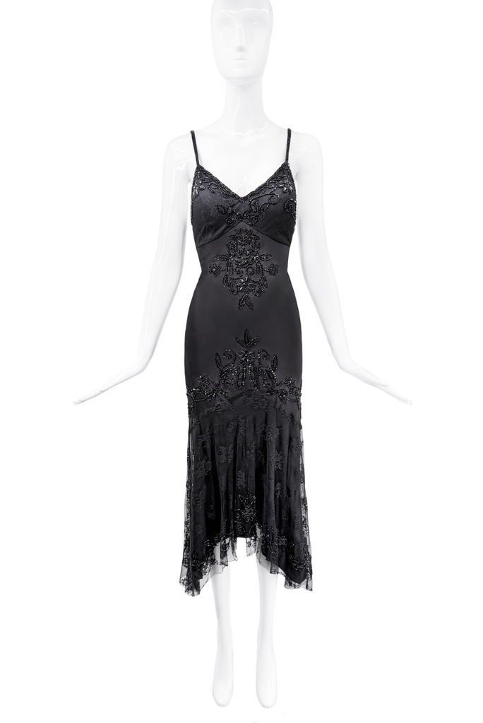 Versace Black Lace Beaded Embroidery Bias Cut Slip Dress Gown