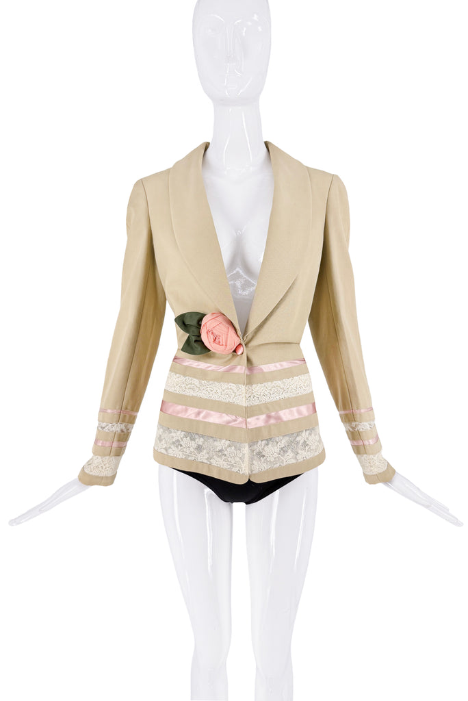 John Galliano Tan Beige Pink Silk White Lace Flower Blazer Jacket