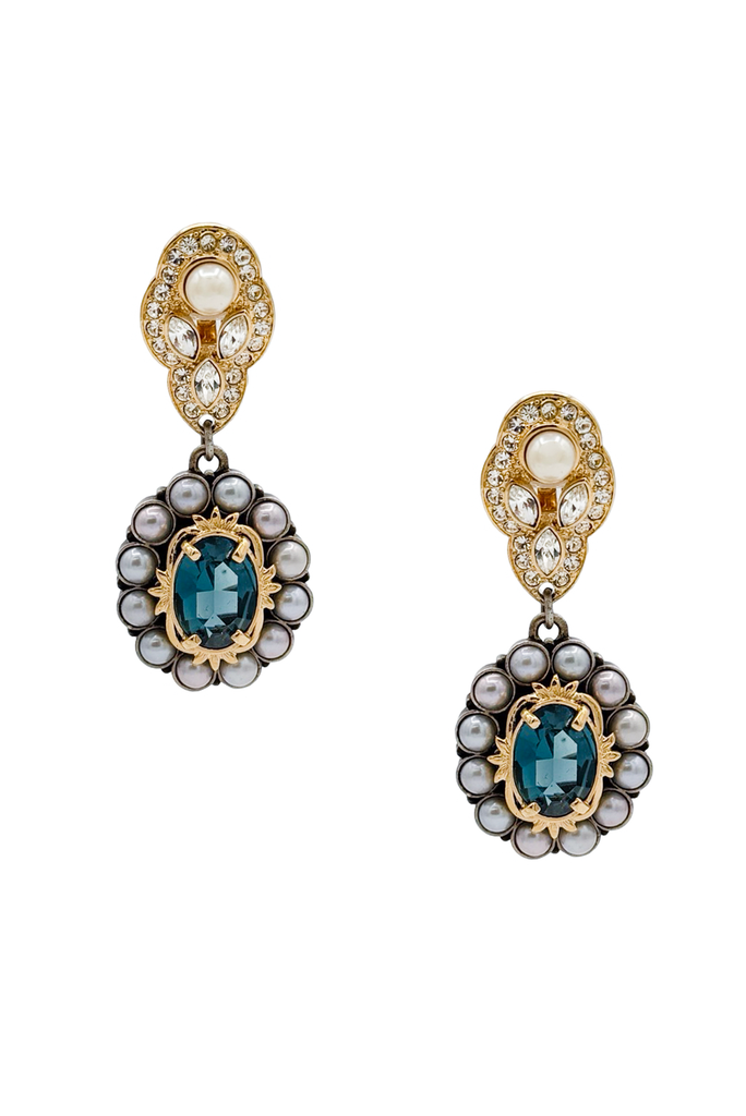 Mawi Gold Pearl Crystal Rhinestone Blue Gemstone Embellished Earrings