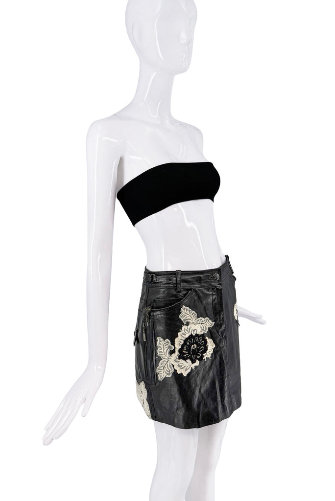 John Galliano Black Leather Embroidered Lace Flowers Mini Skirt