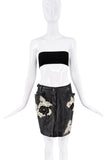 John Galliano Black Leather Embroidered Lace Flowers Mini Skirt