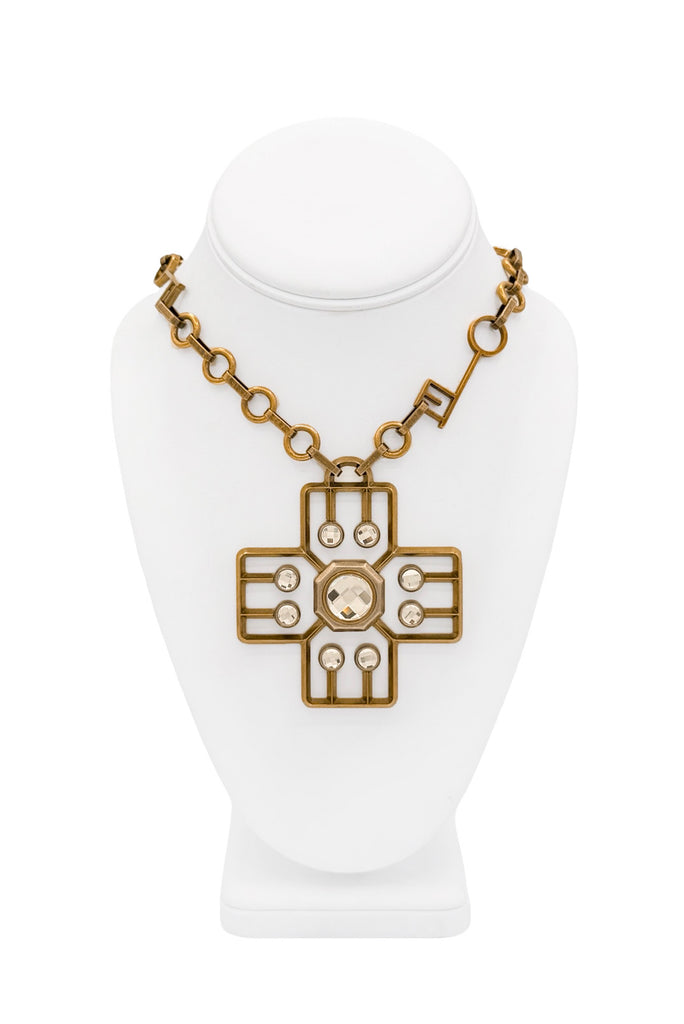 Lanvin Gold Crystal Rhinestone Geometric Key Cross Pendant Chain Necklace