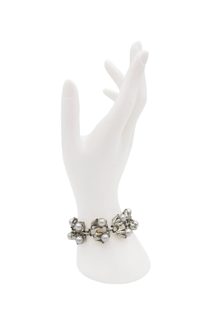Vintage Silver White Pearl Petal Link Bracelet
