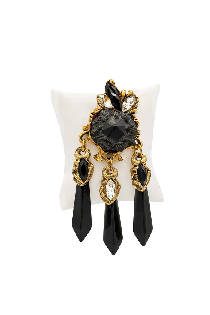 Kalinger Gold Black Crystal Rhinestone Embellished Charm Broach Accessory
