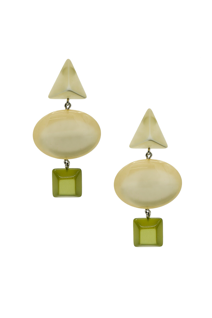 Vintage Green Lucite Geometric Shapes Triangle Oval Square Drop Earrings