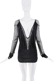 YSL Saint Laurent Black Mesh Sheer Cut Out Deep V Top Mini Dress