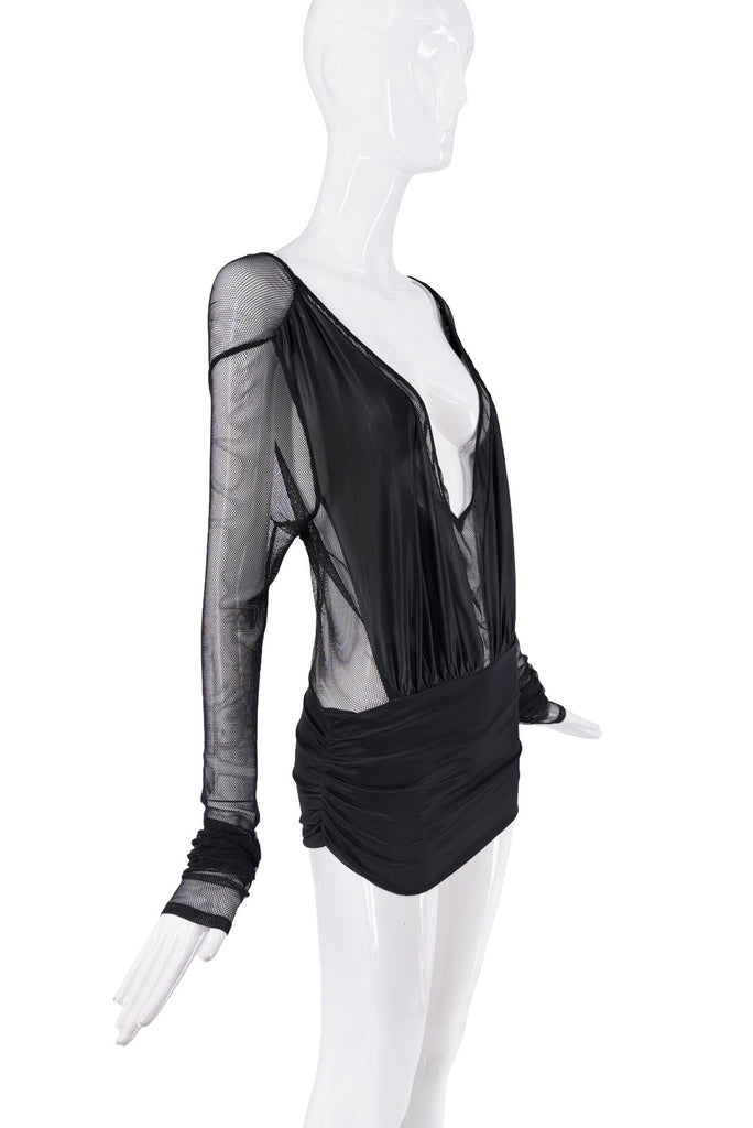 YSL Saint Laurent Black Mesh Sheer Cut Out Deep V Top Mini Dress