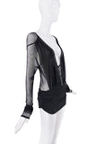 YSL Saint Laurent Black Mesh Sheer Cut Out Deep V Top Mini Dress