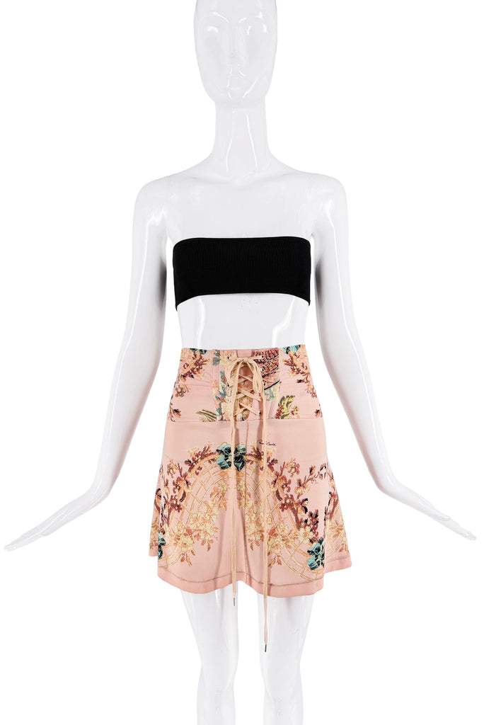 Roberto Cavalli Pink Floral Print Lace Up Waist Skirt