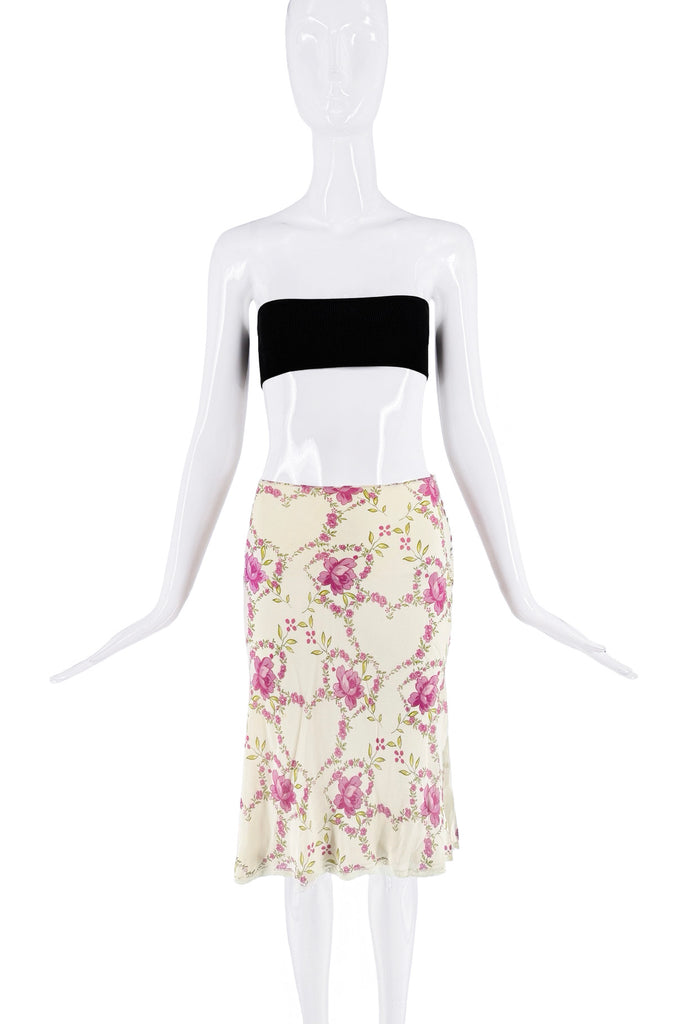 John Galliano Ivory Pink Green Silk Floral Heart Pattern Midi Skirt