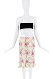 John Galliano Ivory Pink Green Silk Floral Heart Pattern Midi Skirt