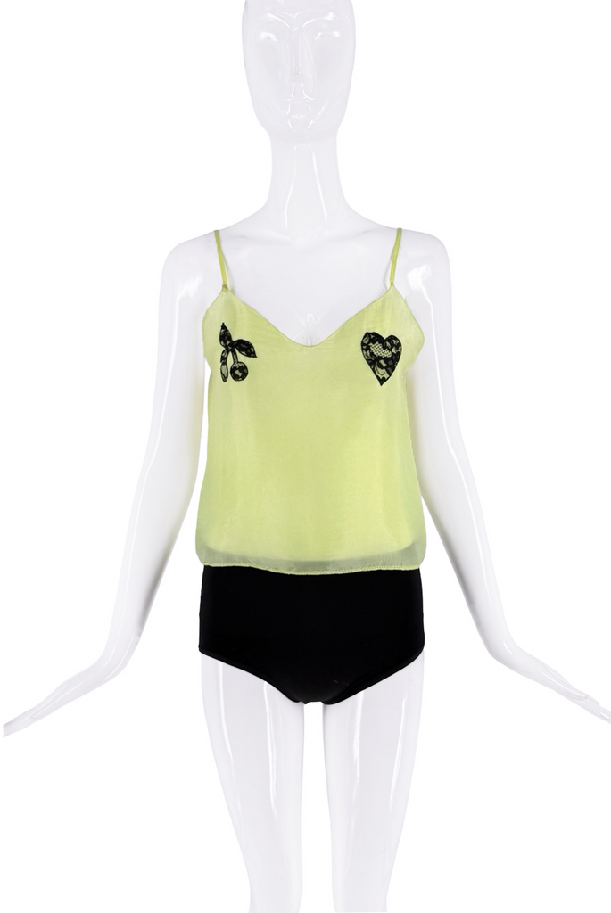 Miu Miu Lime Green Seer Cherry Heart Embroidered Tank Top